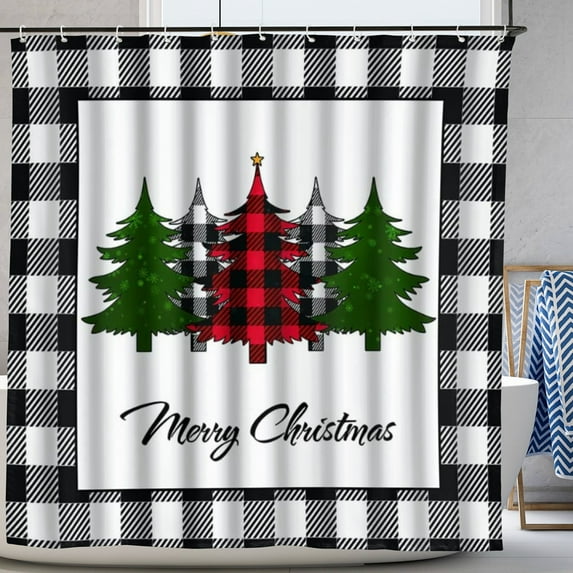Christmas Shower Curtain Black and White Buffalo Plaid Green Red Christmas Tree Decoration Accessories with 12 Hooks 72x72 In