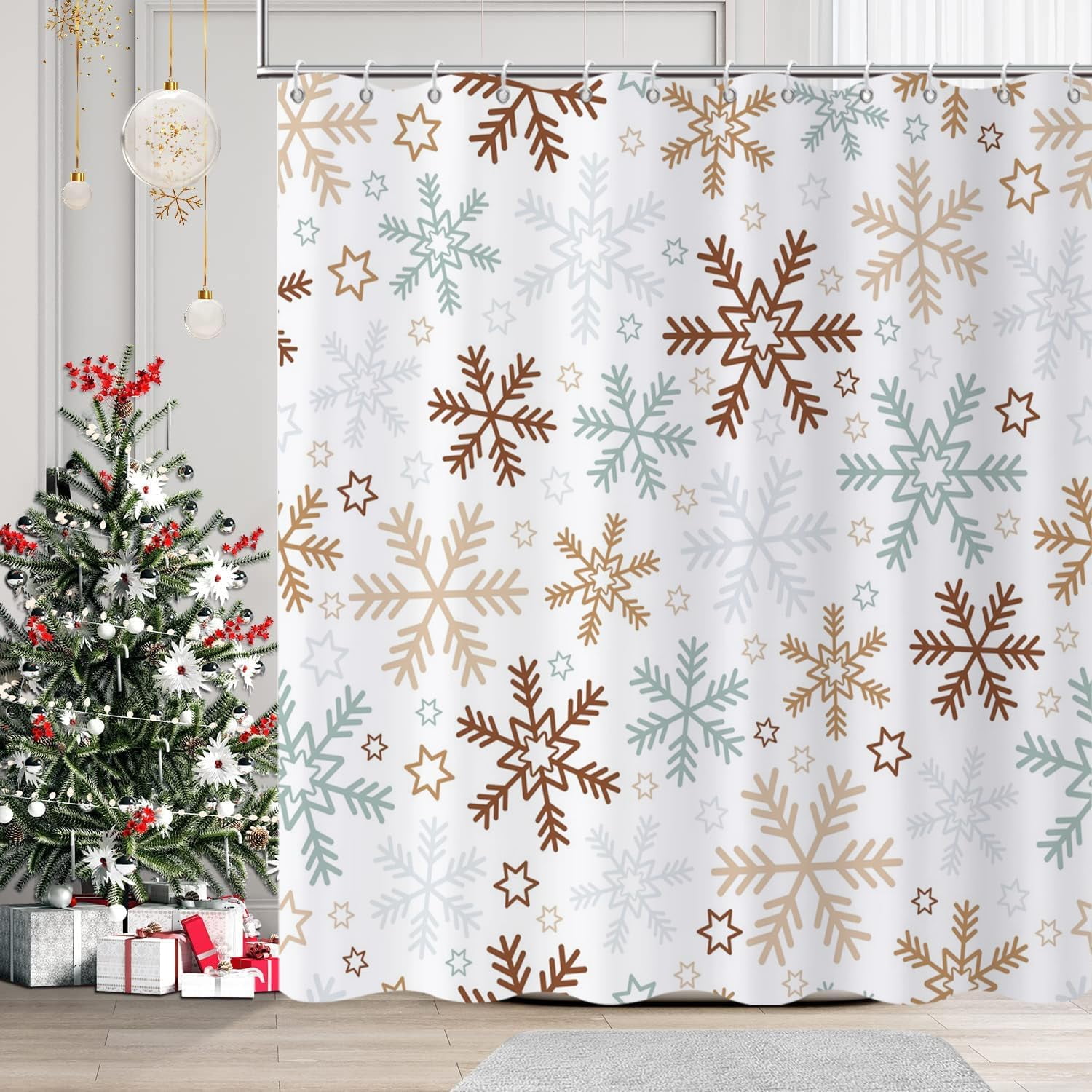 Christmas Shower Curtain, Blue and Brown Xmas Snowflake White Background Winter New Year Holiday Bathroom Curtain Waterproof Fabric Machine Washable with Hooks, 72" Wx84 L