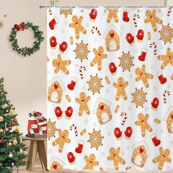 Christmas Shower Curtain, Blue and Brown Xmas Snowflake White Background Winter New Year Holiday Bathroom Curtain Waterproof Fabric Machine Washable with Hooks, 60x72 inch