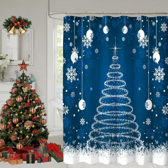 Christmas Shower Curtain, Blue Christmas Snowflakes Shower Curtains for Bathroom Decor, Winter Holiday Shower Curtain, Xmas Funny Glitter Sparkle Tree Fabric Cloth Bath Curtain, 72x72 Inch