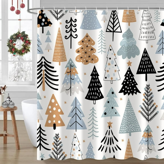 Christmas Shower Curtain, Blue Merry Christmas Tree Bathroom Curtains Accessory, Winter Xmas Holiday Waterproof Fabric Shower Curtains Set for Bathroom Decor Set 72x72 Inch