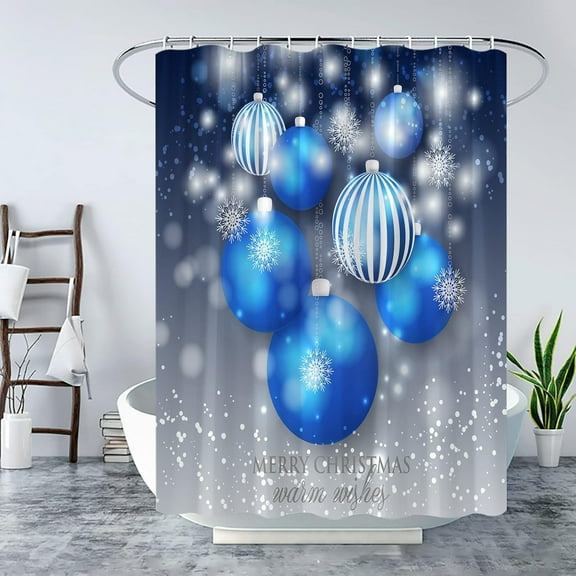 Christmas Shower Curtain Blue and Silver Xmas Balls Snowflake Winter Holiday Fantasy Background Happy New Year Dream Decoration Fabric Bathroom Curtain with Hook