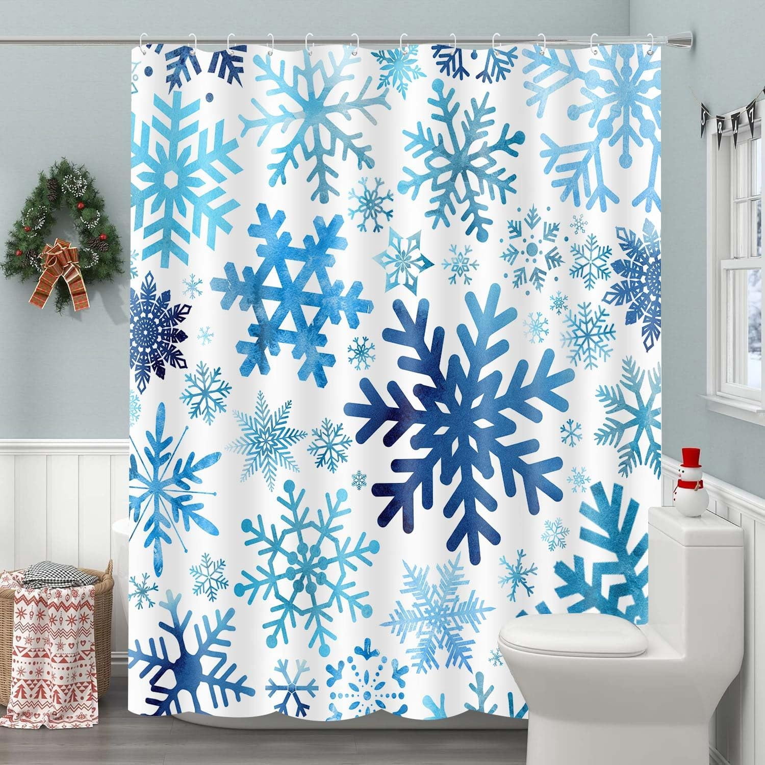 Christmas Shower Curtain Blue Snowflake Holiday Shower Curtain for Bathroom Decor, Fun Cute Festive Winter Bathroom Accessories 70X70IN Blue