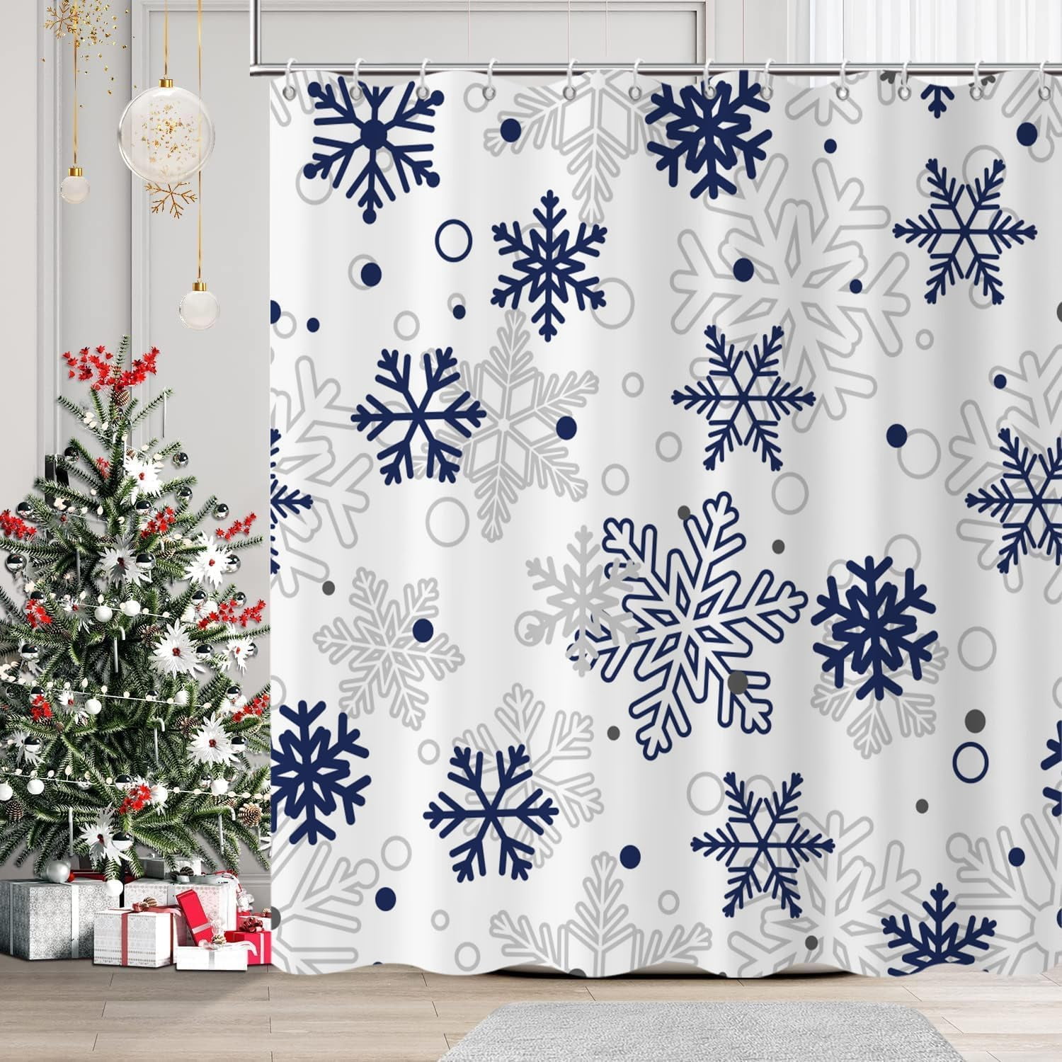 Christmas Shower Curtain, Blue Xmas Snowflake White Background Winter New Year Holiday Bathroom Curtain Waterproof Fabric Machine Washable with Hooks, 72" Wx84 L