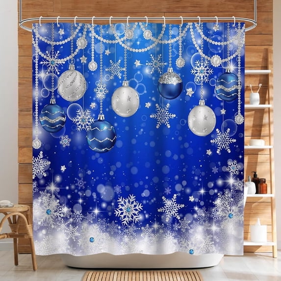 Christmas Shower Curtain - Blue and Silver Holiday Bathroom Decoration Snowflakes and Ornaments Design - Winter Decor with 12 Hooks - 72 x 72 Inches
