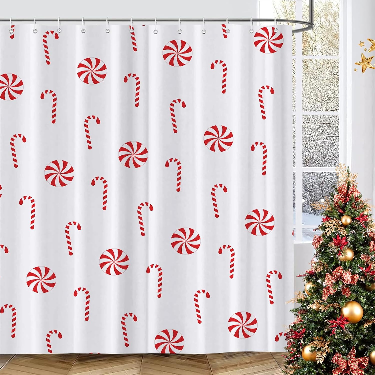 Christmas Shower Curtain Candy Cane Christmas Holiday Bathroom Shower Curtains for Bathtub Decoration with Hooks 72x72 Inch
