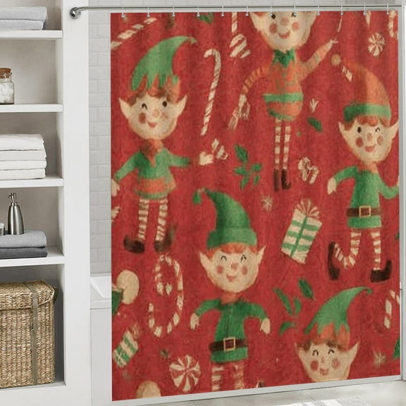 Christmas Shower Curtain,Cartoon Elves Signs Christmas Curtain with Hooks for Home Bathroom Decor Washable Curtains, 72x72 in