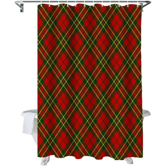Christmas Shower Curtain Christmas Baffalo Check Plaid Red Green Shower Curtains for Bathroom Decor Christmas Decoration Bath Curtains Sets with Hooks Waterproof, 84x72 in