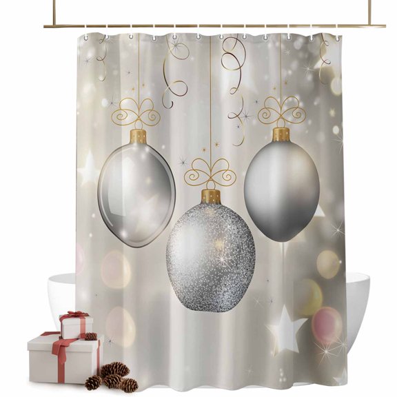 Christmas Shower Curtain Christmas Balls Bathroom Curtains with Hooks, Waterproof Fabric Shiny Winter Silver Grey Bath Shower Curtains Set for Bathroom Bathtubs Xmas Decor 72x72 Inch