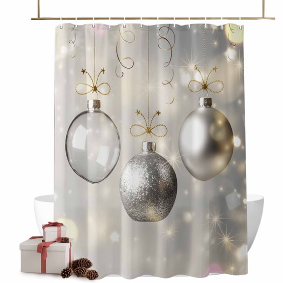 Christmas Shower Curtain Christmas Balls Bathroom Curtains with Hooks, Waterproof Fabric Winter Silver Grey Bath Shower Curtains Set for Bathroom Bathtubs Xmas Decor 72x72 Inch