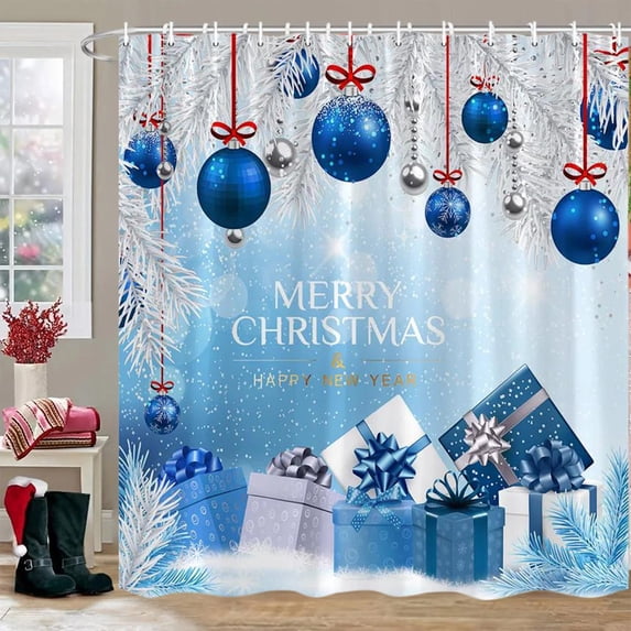 Christmas Shower Curtain with Christmas Balls Gift Boxes Pattern, Beautiful Waterproof Partition Curtains for Holiday Decorations 70.87x35.43Inch Blue