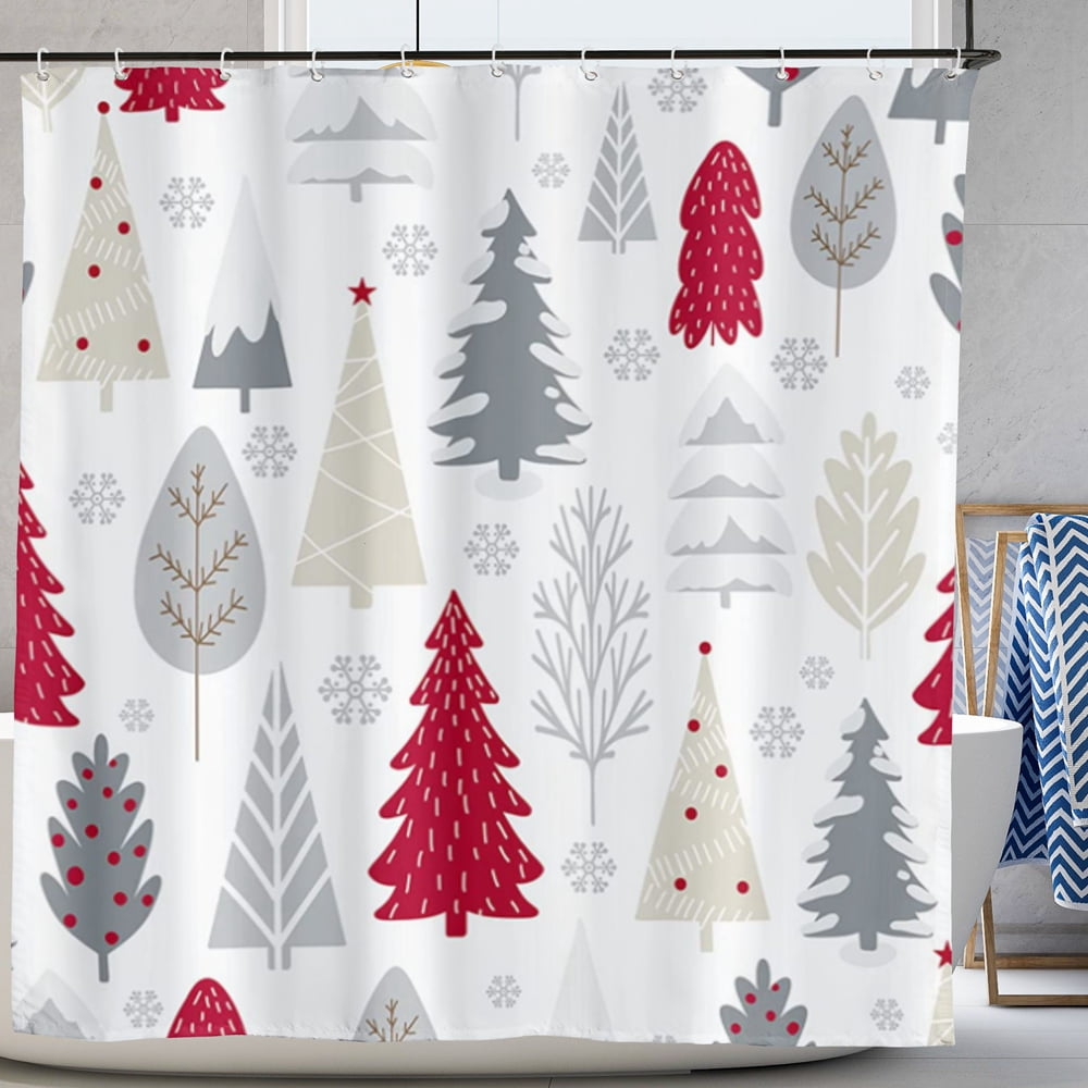 Christmas Shower Curtain Christmas Tree Cloth Fabric Bathroom Decor with Hooks for Holiday Home