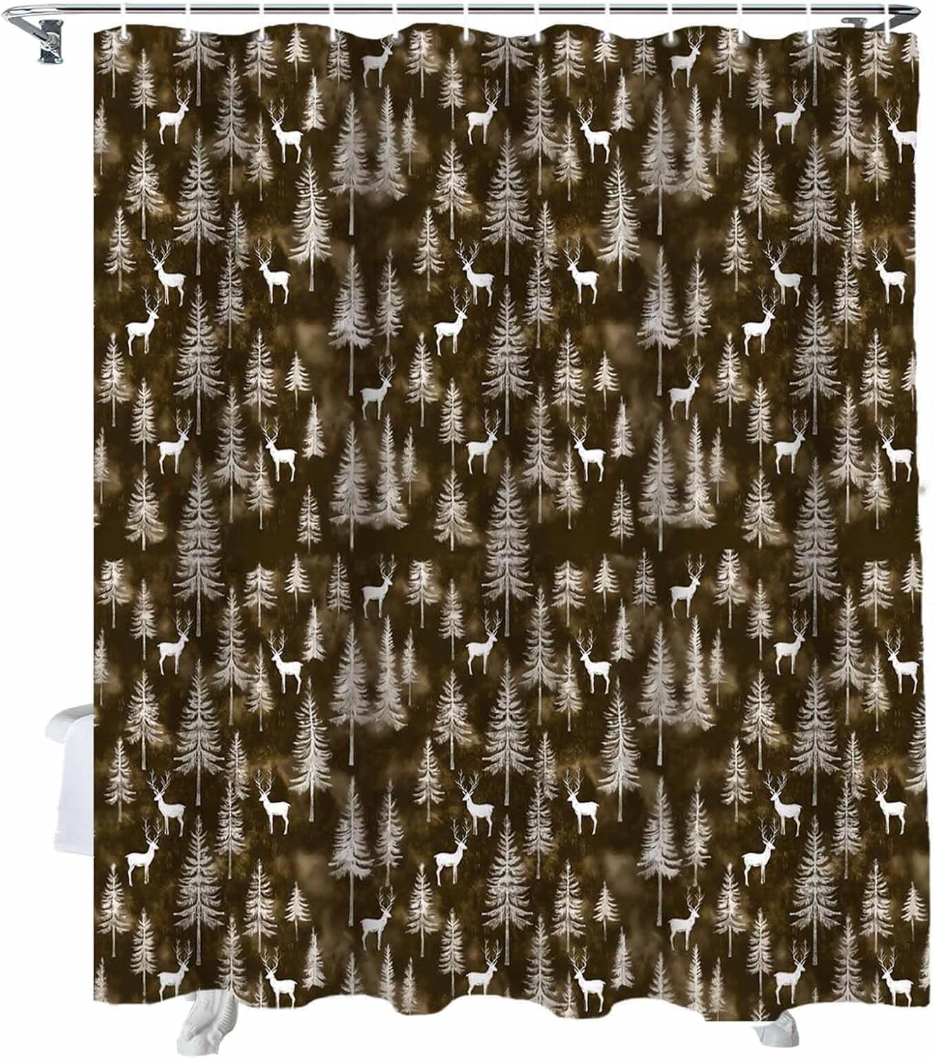 Christmas Shower Curtain Christmas Tree Forest Shower Curtains for Bathroom Decor Reindeer Brown Christmas Decoration Bath Curtains Sets with Hooks Waterproof, 72x84 in