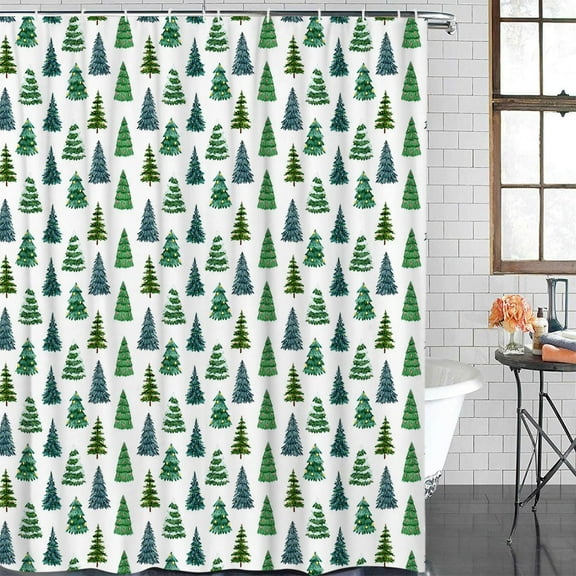 Christmas Shower Curtain Christmas Tree Shower Curtains for Bathroom Decor Green Pine Tree for Christmas Decoration Bath Curtains Sets with Hooks Waterproof 72" W x 84" L