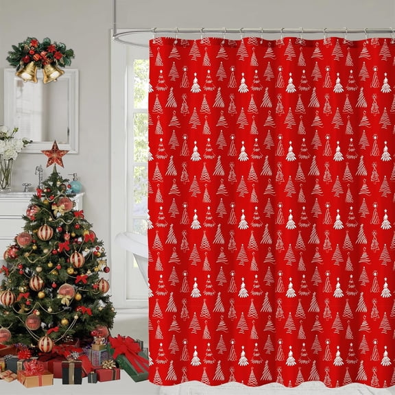 Christmas Shower Curtain, Christmas Tree Shower Curtains for Bathroom, Red Winter Holiday Shower Curtain for Bathroom Decor, Merry Christmas Xmas Pine Fabric Cloth Bath Curtain, 72 x 72 Inch