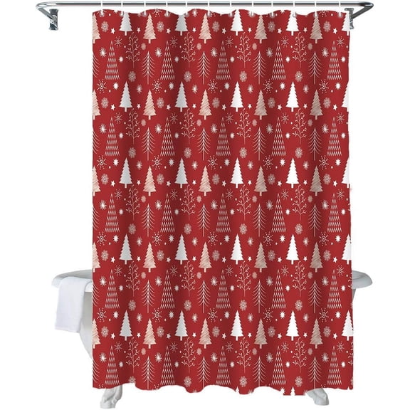 Christmas Shower Curtain Christmas Tree Themed Snowflakes Red Shower Curtains for Bathroom Decor Christmas Decoration Bath Curtains Sets with Hooks Waterproof, 36x72 in