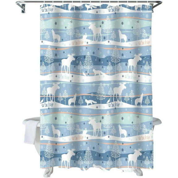 Christmas Shower Curtain Christmas Winter Cartoon Animal Shower Curtains for Bathroom Decor Snowflake Deer Wolf Christmas Decoration Bath Curtains Sets with Hooks Waterproof, 84x72 in