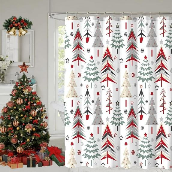 Christmas Shower Curtain, Colorful Christmas Tree Shower Curtains for Bathroom, Red Green Winter Holiday Shower Curtain, Merry Christmas Xmas Pine Fabric Cloth Bath Decor Curtain, 72x72 Inch