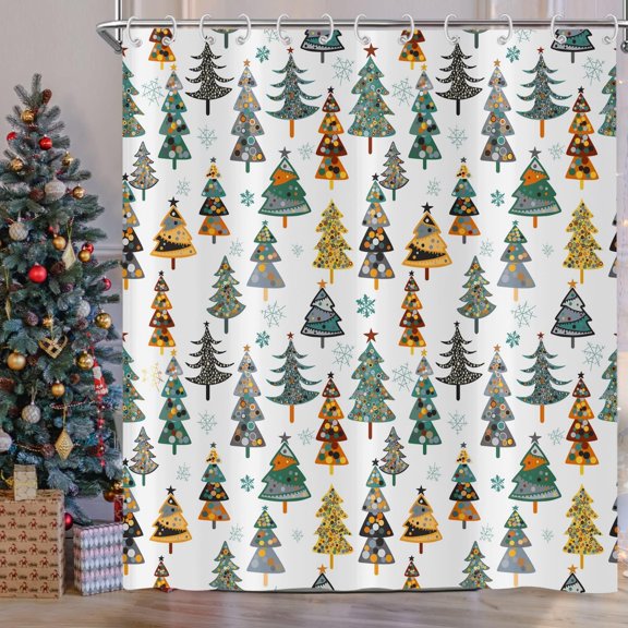 Christmas Shower Curtain, Colorful Xmas Tree Pattern Snowflake Gifts Holiday Cute Cartoon Winter Bath Curtain Waterproof Fabric with Hooks for Home Decor, 72Wx72H