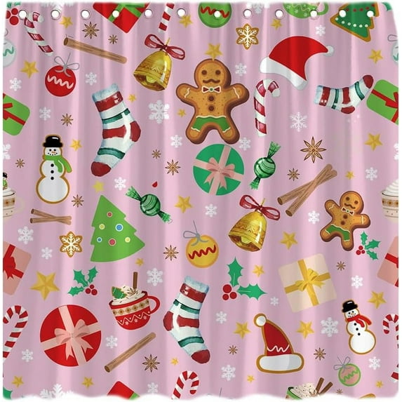 Christmas Shower Curtain Cookies House Cute Cartoon Xmas Tree Candy Sugar Winter Holiday Happy New Year Fabric Decor for Bath Curtain with Hook
