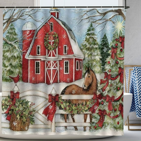 Christmas Shower Curtain Country Barn Wreath Horses Evergreen Xmas Tree Vintage Rstic Farm Winter Holiday Bath Curtains 72x72 In