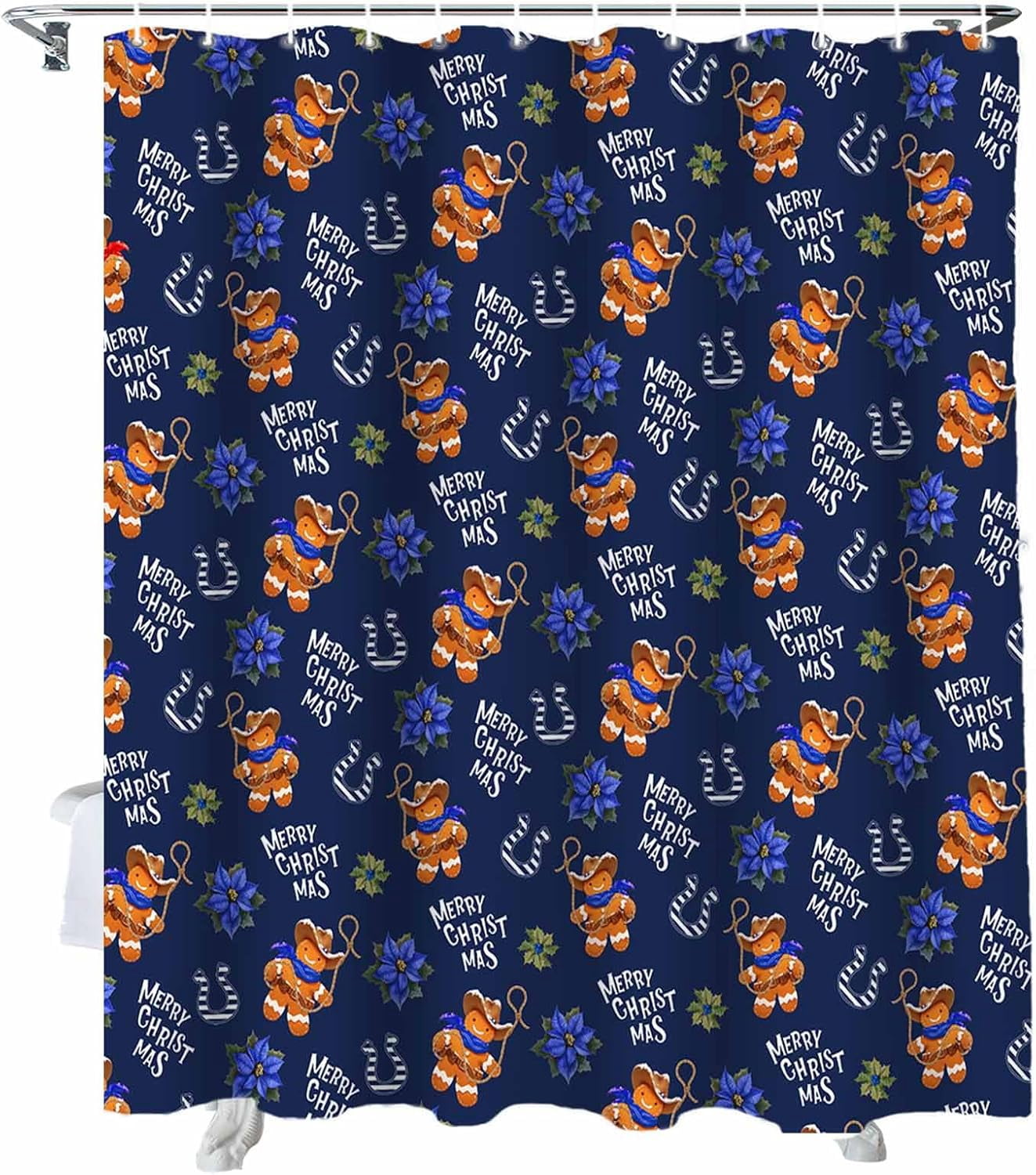 Christmas Shower Curtain Cowboy Gingerbread Man Shower Curtains for Bathroom Decor Poinsettia Horseshoe Blue Christmas Decoration Bath Curtains Sets with Hooks Waterproof, 84x72 in