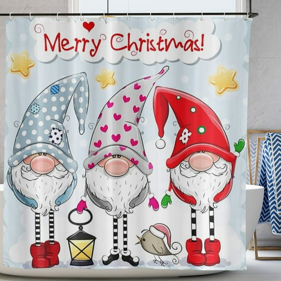 Christmas Shower Curtain Cute Cartoon Gnomes Dwarfs Stars Shower Curtain Set with Hooks Waterproof Bathroom Decor 72x72 in