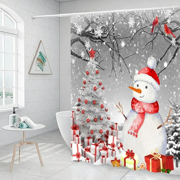 Christmas Shower Curtain, Cute Snowman in Snowy Forest Restroom Curtain, Winter Home Bathtubs Bathroom Curtain Decoration Set 12 Hooks Washable Durable Polyester Fabric, 72X72in