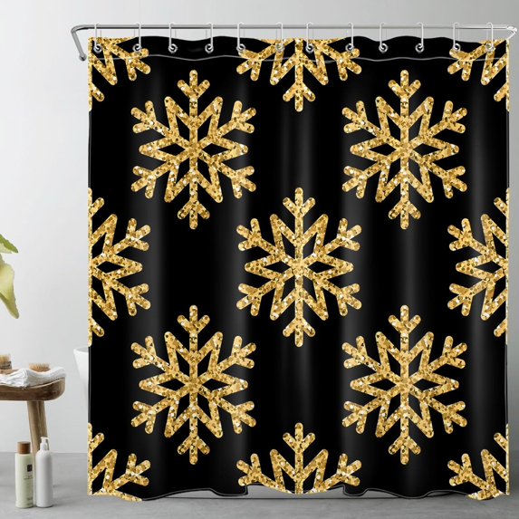 Christmas Shower Curtain Decor, Winter Snowflake Black and Gold Shower Curtain for Bathroom 72Wx72L Inch Polyester Fabric Bathroom Decoration Bath Curtains Hooks Included