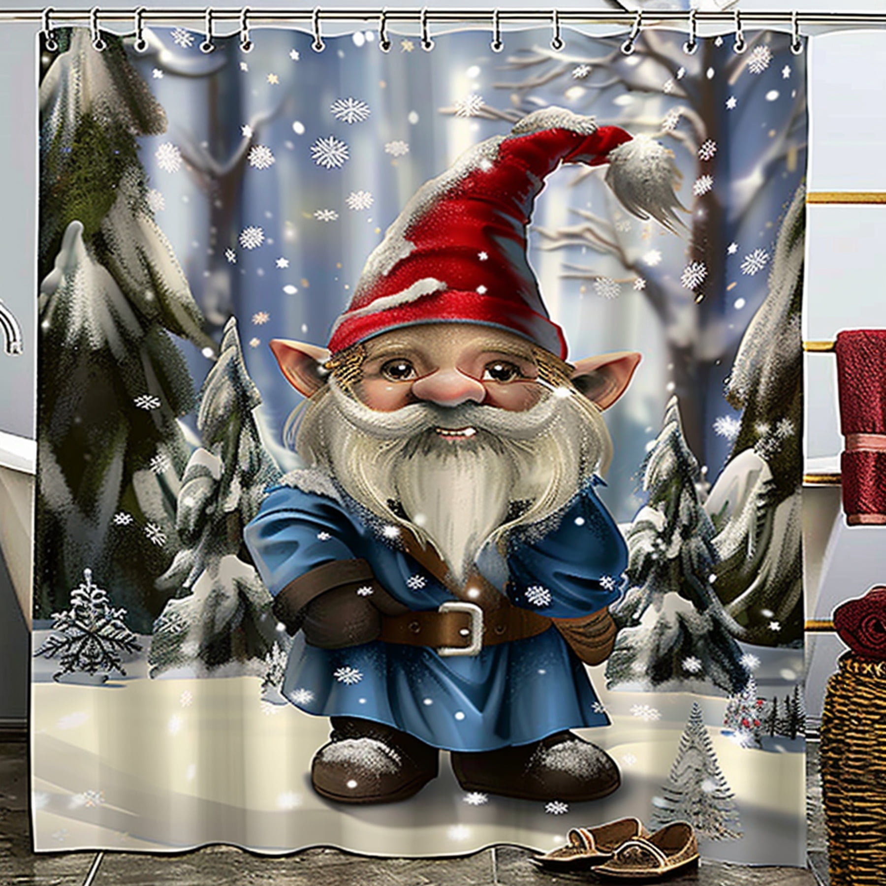 Christmas Shower Curtain Festive Holiday Decor with Cute Snowy Pine