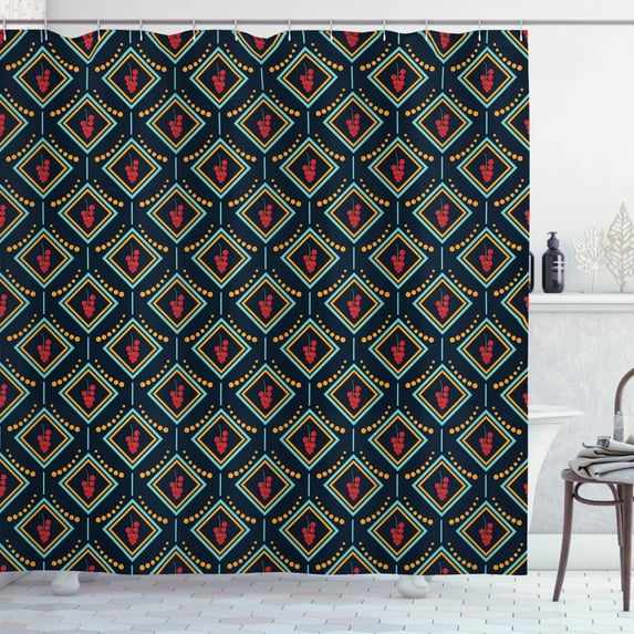 Christmas Shower Curtain, Festive Redcurrant Berries in Rhombuses with Dots Noel Elements on Dark Backdrop, Fabric Bathroom Set with Hooks, 69W X 75L Inches Long, Multicolor, by Ambesonne