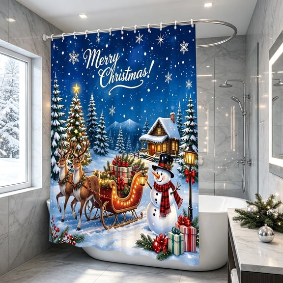 Christmas Shower Curtain, Festive Snowman Santa Bathroom Decor, 70.9x59.1in | Fabric Water Resistant, Machine Washable, 12pcs Rustproof Hooks, Easy Install