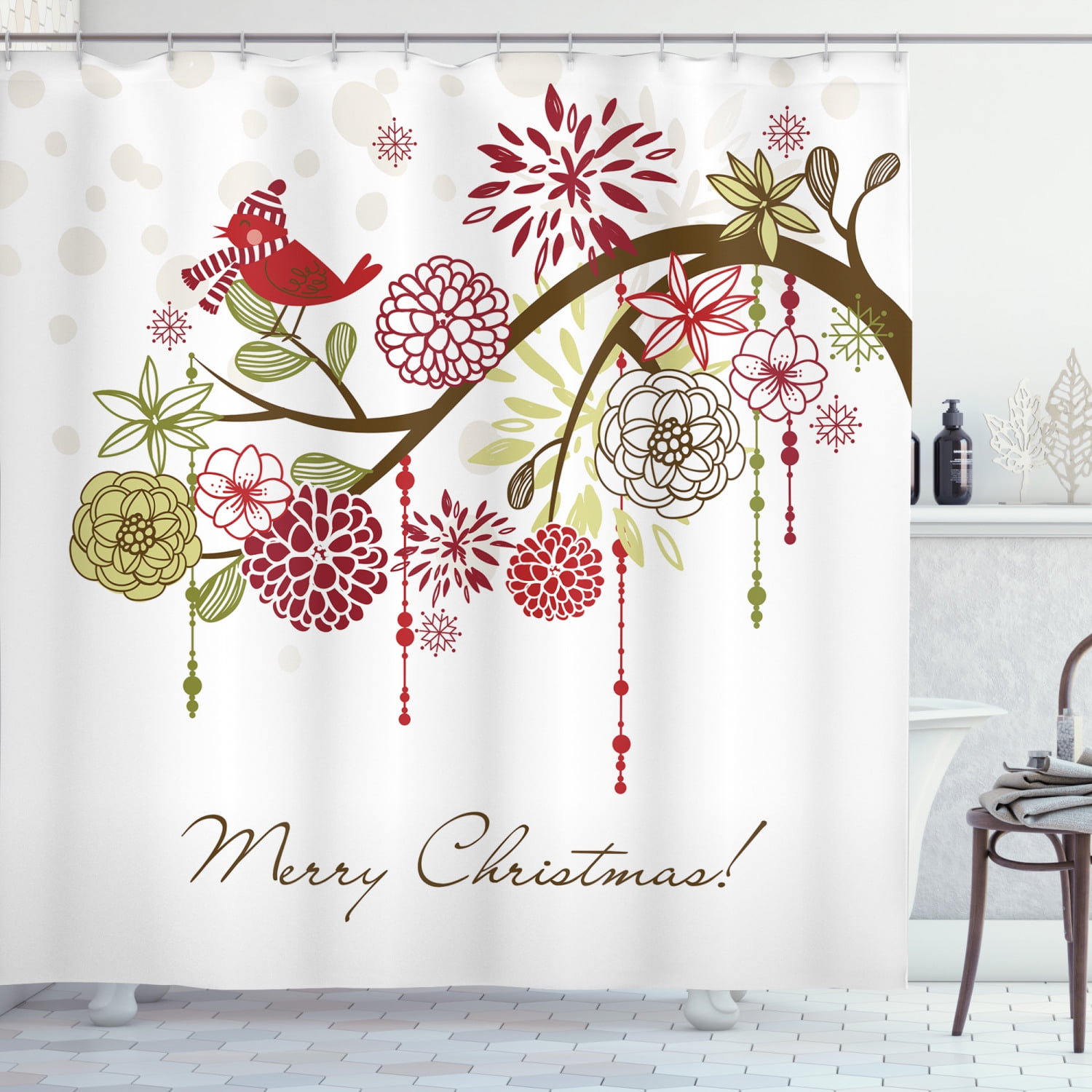 Christmas Floral Red Bird Fabric Shower Curtain with Hooks