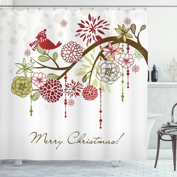 Christmas Shower Curtain, Floral Winter Red Bird Hat and Scarf on Blooming Tree Nature Inspired, Fabric Bathroom Set with Hooks, 69W X 75L Inches Long, Green White, by Ambesonne
