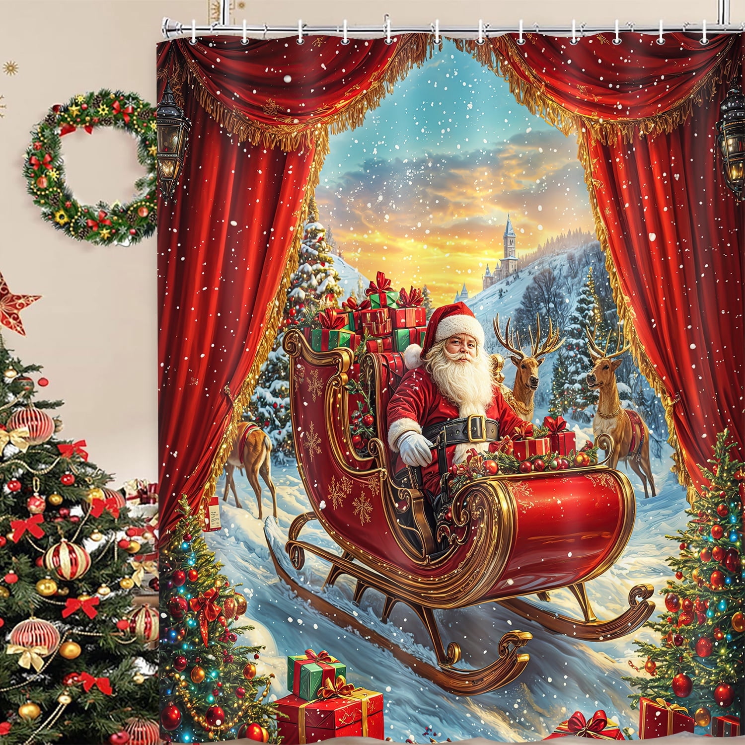 Christmas Shower Curtain, Funny Winter Santa Reindeer Xmas Trees Gift Red Bathroom Curtain, Farmhouse Snowflake Holiday Kids Girls Boys Bath Decor Shower Curtain Sets with Hooks, 72X72in
