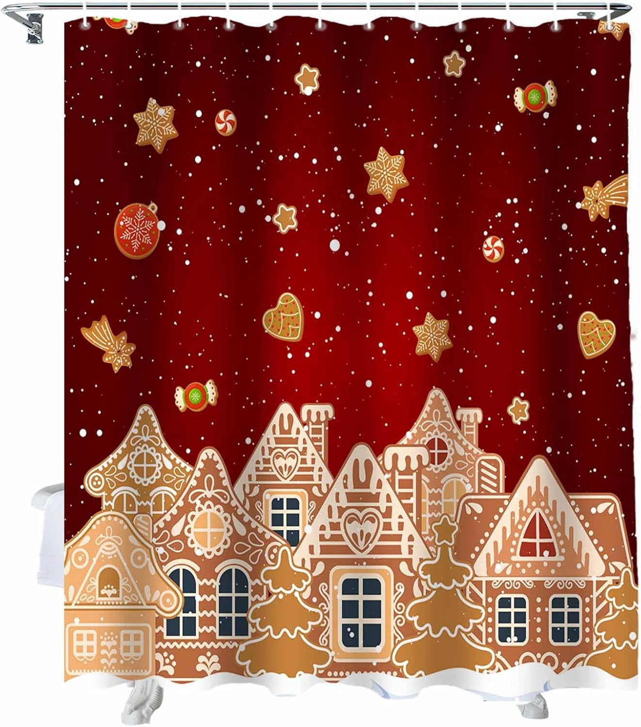 Christmas Shower Curtain Gingerbread House Shower Curtains for Bathroom Decor Red Snow Christmas Decoration Bath Curtains Sets with Hooks Waterproof, 36x72 in