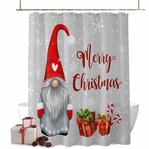 Christmas Shower Curtain Gnome Santa Claus Bathroom Curtains with Hooks, Waterproof Fabric Winter Snowflake Grey Bath Shower Curtains Set for Bathroom Bathtubs Xmas Decor 72x72 Inch