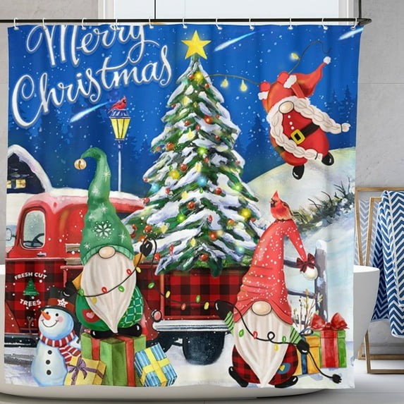 Christmas Shower Curtain Gnomes Bath Curtain Red Truck Christmas Tree Snowman Holiday Decorations Waterproof with 12Hooks 72"x72"