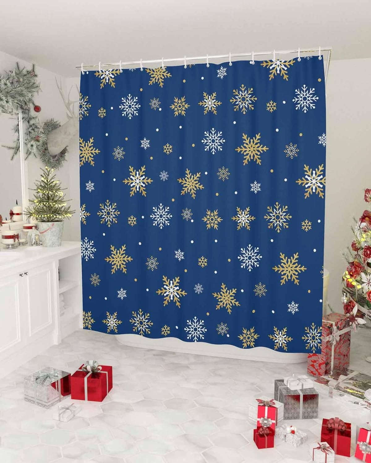 Christmas Shower Curtain Gold White Snowlfake Shower Curtains for Bathroom Decor Blue Background Christmas Decoration Bath Curtains Sets with Hooks Waterproof, 72x84 in