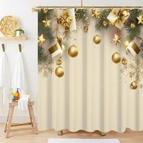 Christmas Shower Curtain, Gold Xmas Shower Curtain for Bathroom Ornament Bus Bows Winter Shower Curtain with Hooks Waterproof New Year Bathroom Decor, 72x72 Inch