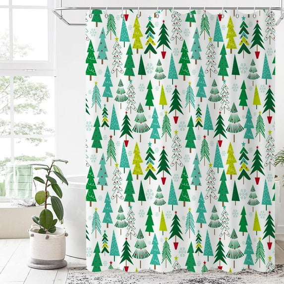 Christmas Shower Curtain, Green Christmas Tree New Year and Merry Christmas Bathroom Curtain Bathtub Home Decor Waterproof Fabric Machine Washable with 6PCS Hooks,36" Wx72 L