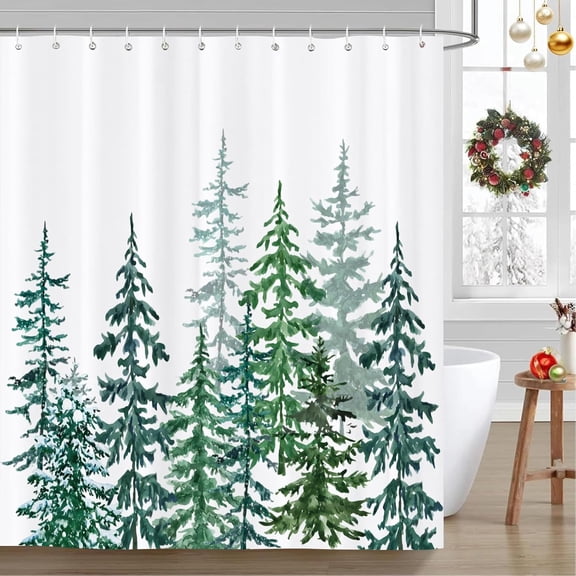 Christmas Shower Curtain Green Tree White Snow Landscape Waterproof Fabric Shower Curtains for Bathroom Farmhouse Rustic Modern Bath Curtain Decor with Hooks 54"W x 78"L (Pack of 1)