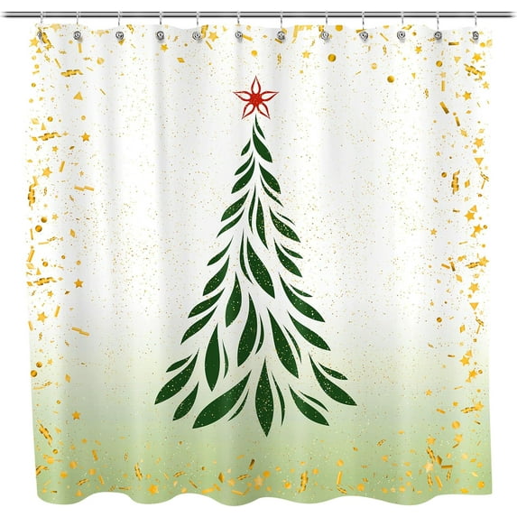Christmas Shower Curtain, Green Xmas Pine Tree with Red Star Ornament Holiday Farmhouse Decorations, Festive Bathroom Fabric Shower Curtain, Home Decor Tapestry