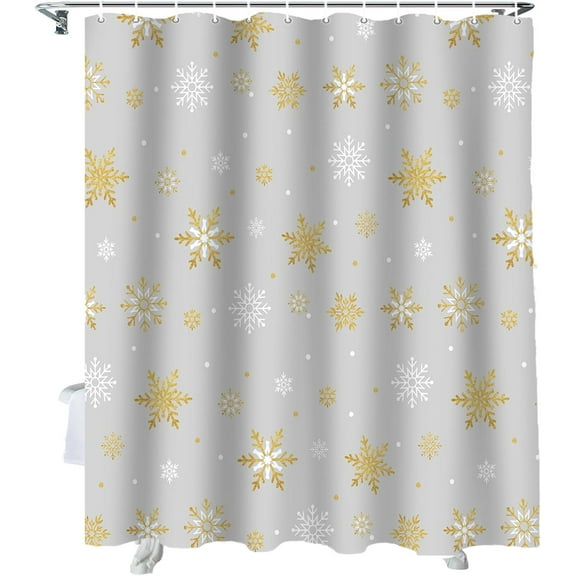 Christmas Shower Curtain Grey Gold Snowlfake Shower Curtains for Bathroom Decor Gray Background Christmas Decoration Bath Curtains Sets with Hooks Waterproof, 72x72 in