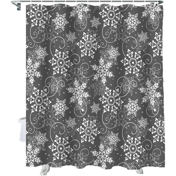 Christmas Shower Curtain, Grey White Snowflakes Pattern Shower Curtains Set with Hooks, Winter Waterproof Fabric Bathroom Curtains Decor Home Accessories,72 X 72 Inch Long