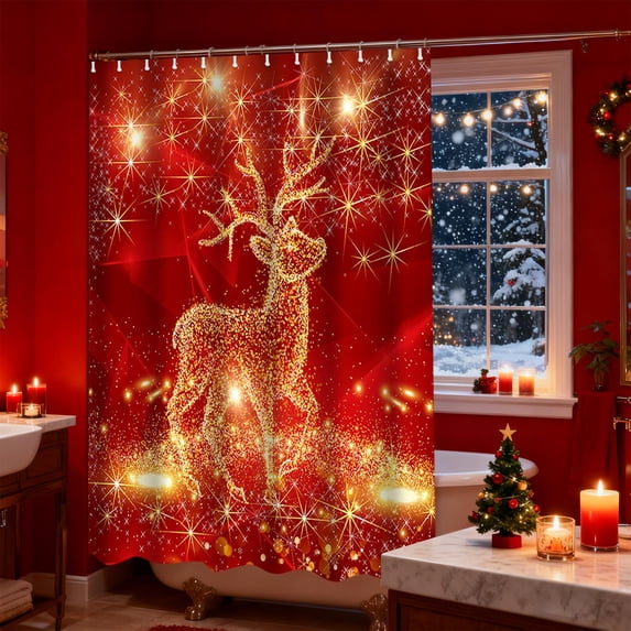 Christmas Shower Curtain, Holiday New Year Winter Waterproof Fabric Bathroom Decor Bath Curtain with Hooks, For Bathroom Decor 70.87 x 35.43 inch (A)