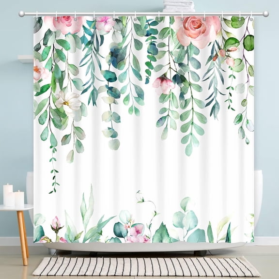 Boho Greenery Shower Curtain - Watercolor Eucalyptus and Floral Bathroom Curtain, Waterproof Fabric Bath Decor with Hooks, 60x72inch