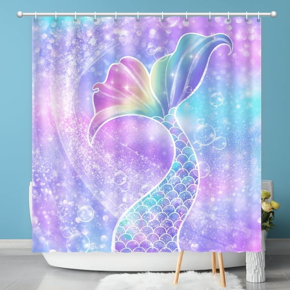 Glitter Mermaid Tail Shower Curtain, Rainbow Ombre Sparkle Mermaid Bathroom Decor, Waterproof Fabric Bath Curtain with Hooks, 66x72inch