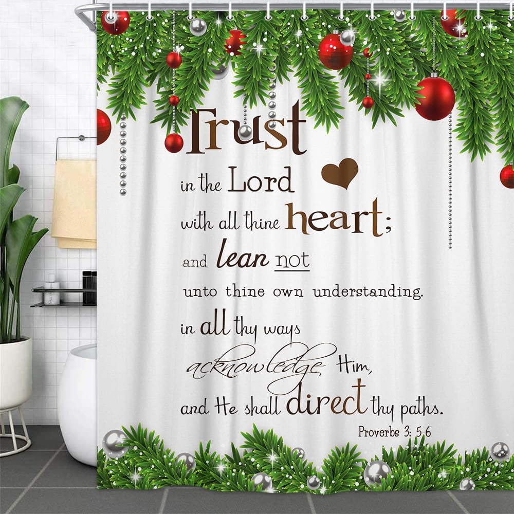 Christmas Shower Curtain, Holiday Season Backdrop with Pine Leaves Ball