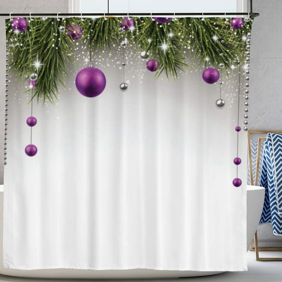 Christmas Shower Curtain Holiday Season Backdrop with Pine Leaves Ball Classic Design Print Bathroom Decor with Hooks 72"x72"